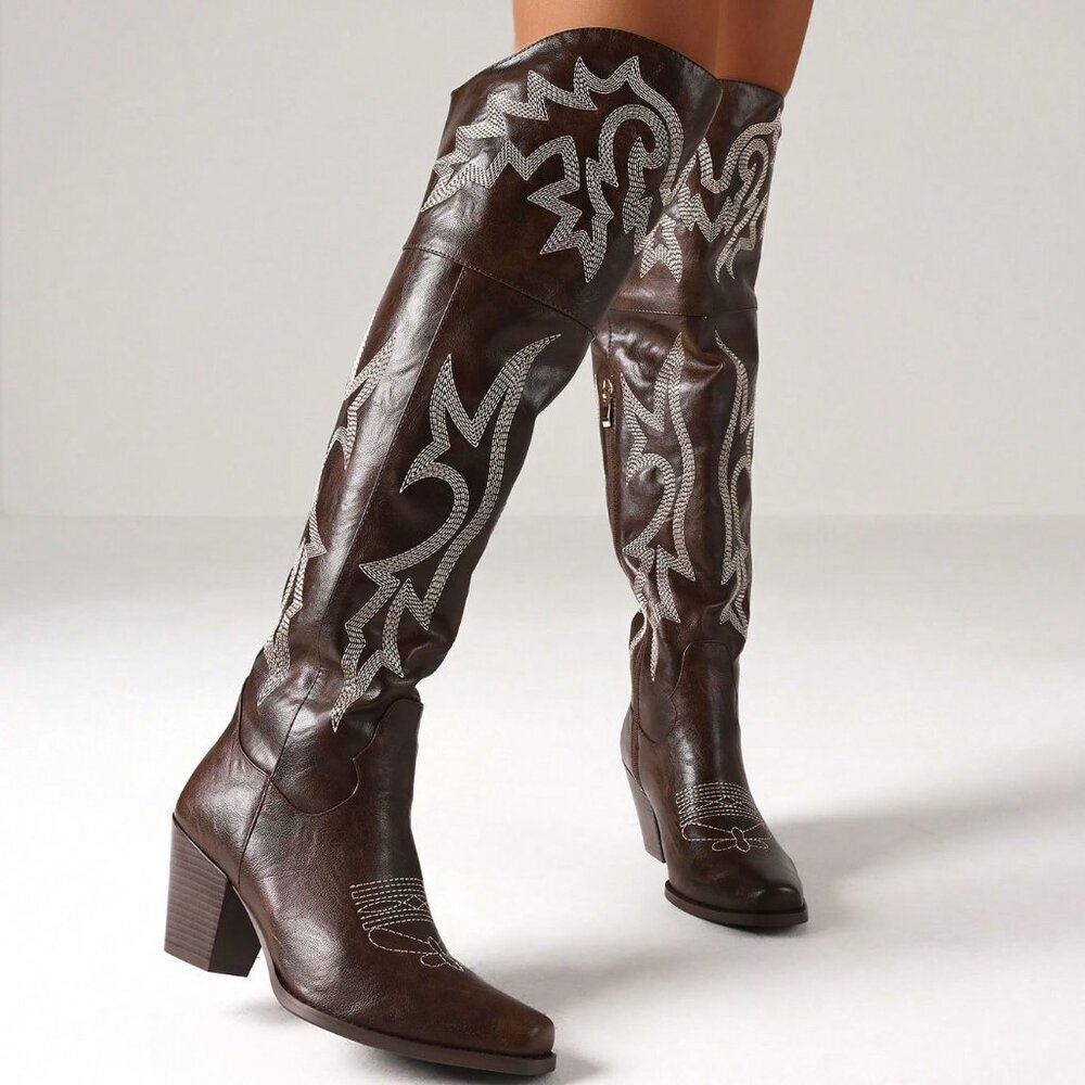 Dark Brown Women's Embroider Thigh High country rodeo Western Cowboy Boots - Picture 6 of 6